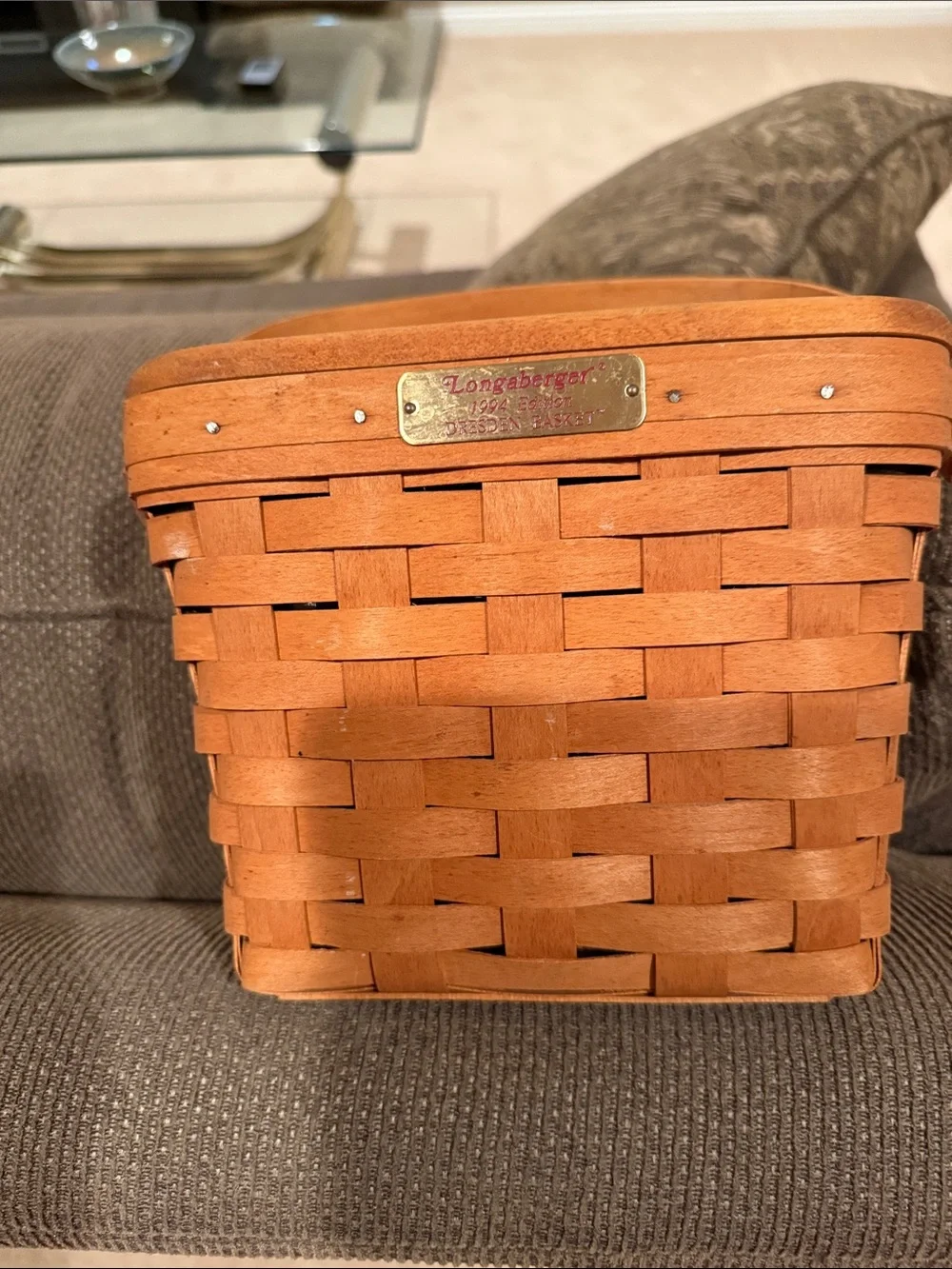 Longaberger Natural Brown Wood Handled Basket with Dresden Ohio Engraving